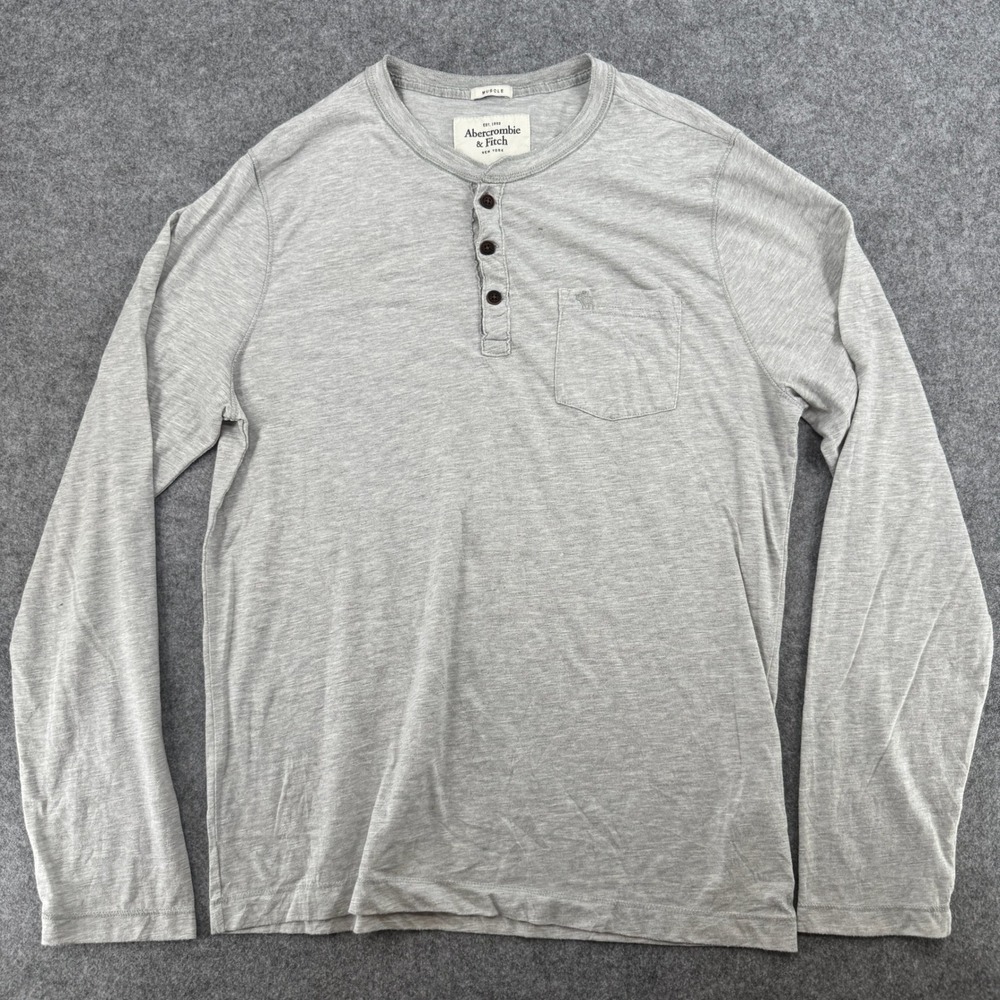 Abercrombie & Fitch Henley Mens Large Muscle Fit Gray Long Sleeve Pocket EUC